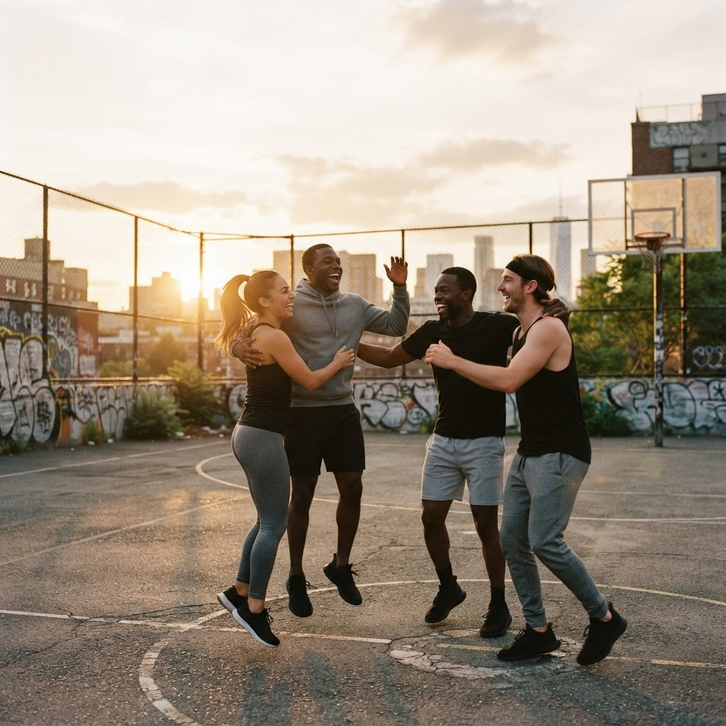 A group of Byepound athletes celebrating together on an urban court